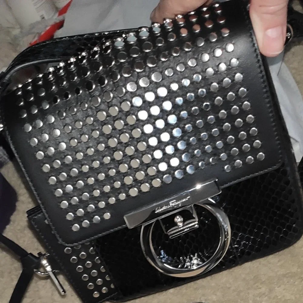 Salvatore Ferragamo Studded Exotics Python Shoulder Grancini Flap Mini Bag